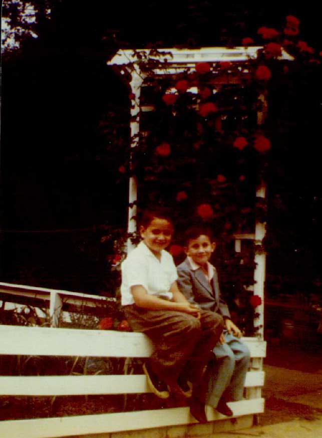 Joe & Gus enjoying Mom's roses, summer 1957